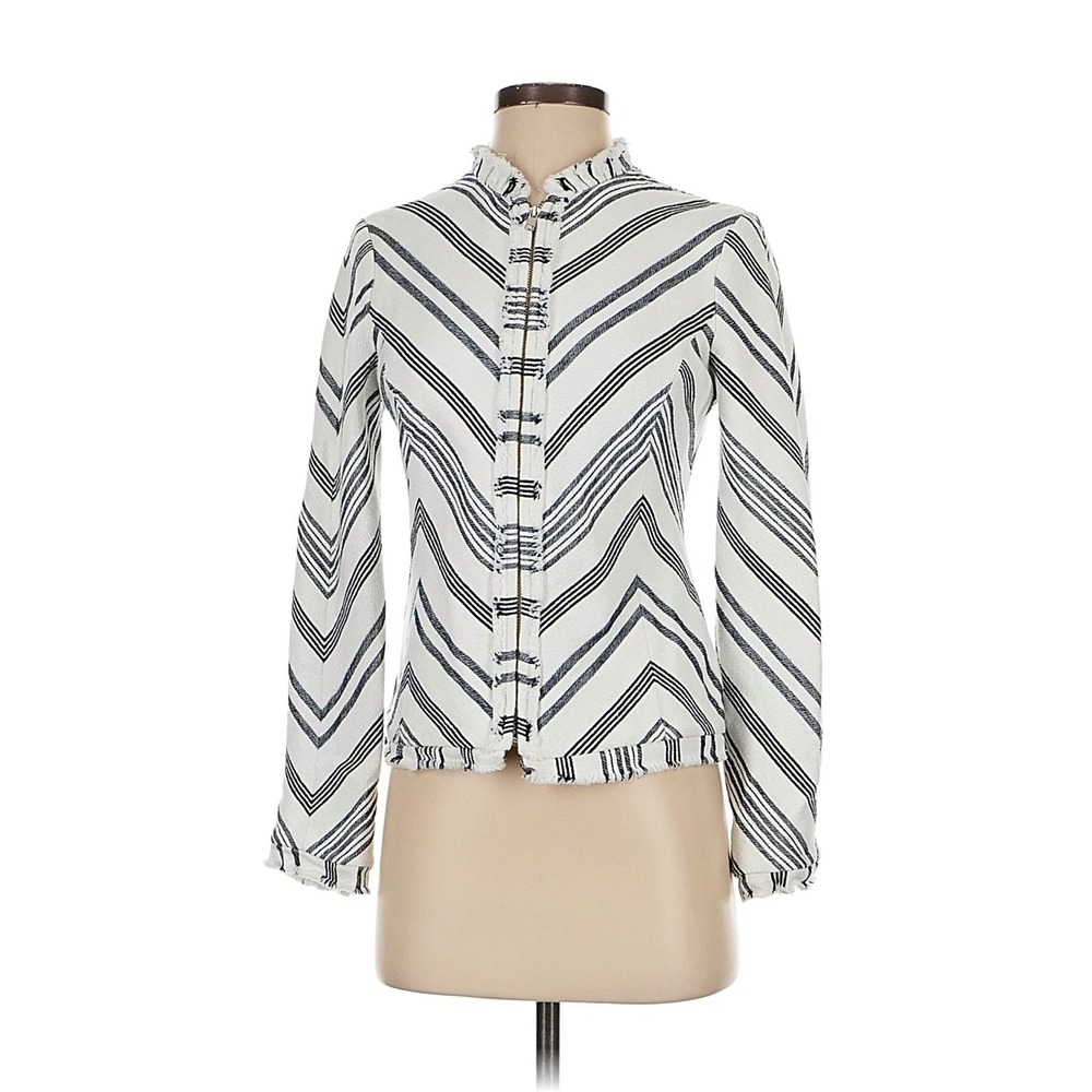 Donna Degnan Jacket Women Size 2 White Navy Blue Chevron Stripe Fringed Trim